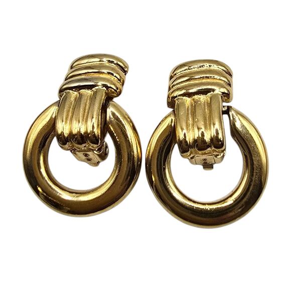 Door Knocker Clip-On Earrings Women Statement Round Hoop Bold Chunky Gold Tone - Picture 1 of 7
